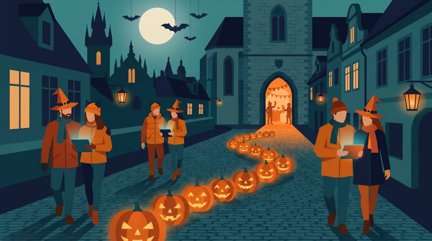 Halloweenský Treasure Hunt ve městě za soumraku